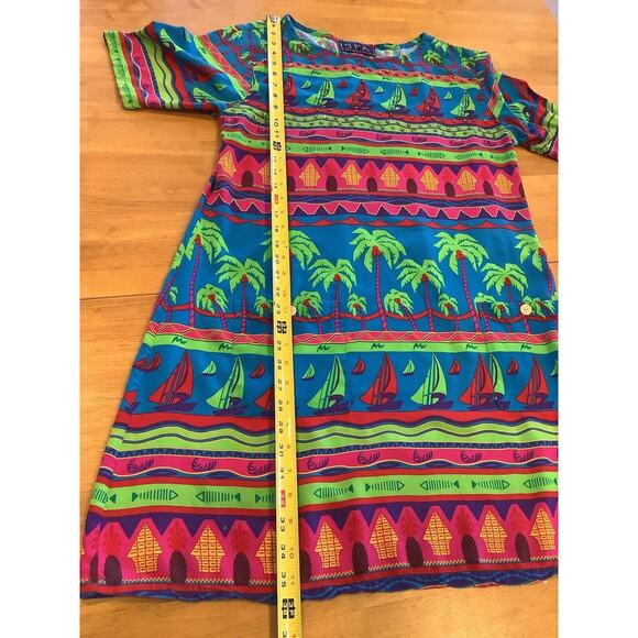 Spa Brand Dress Size Xl Tropical Print Beaded Palm Trees Sailboats Short Sleeves - Picture 6 of 8